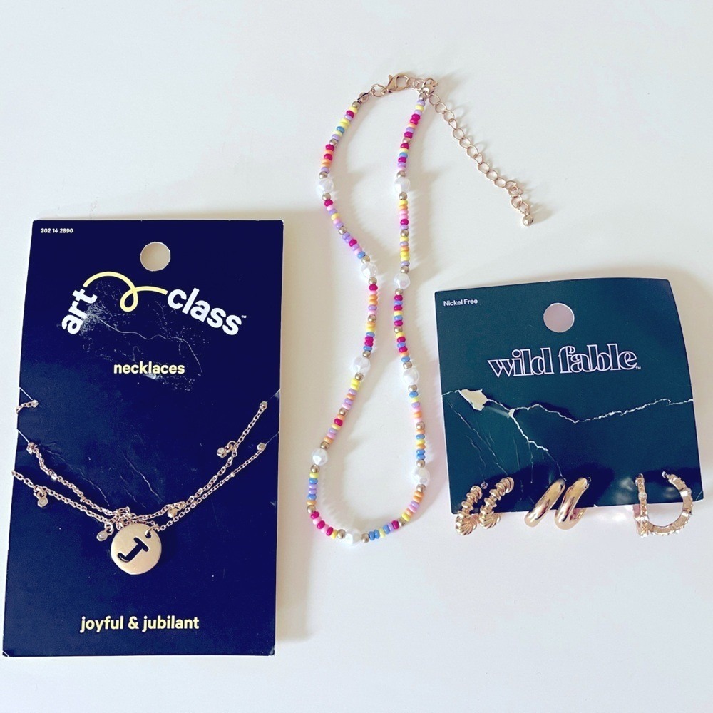 Art Class And Wild Fable Necklaces Hoop Earrings Bundle Gold Tone Colorful
